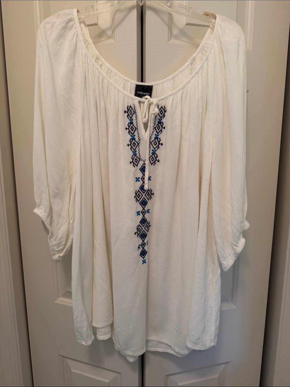 Wallpapher White Tunic with Blue Embroidered Front